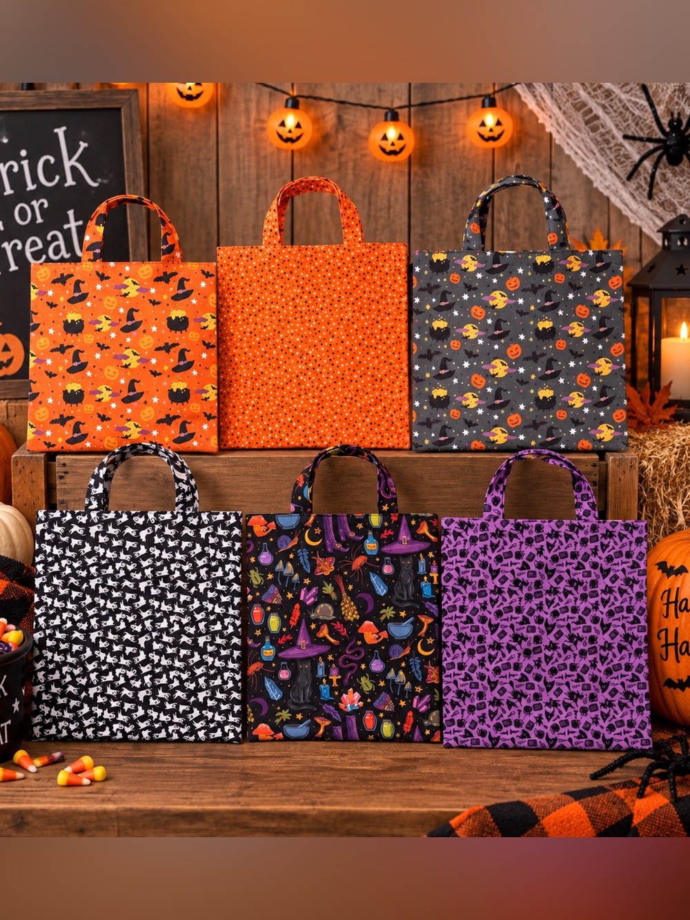 Hand Crafted Halloween Trick-or-Treat Tote Bags - Purple, Black, Orange